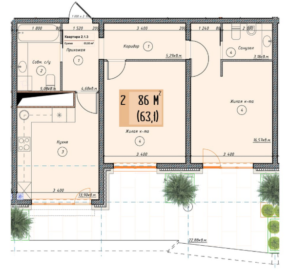 Планировка 2-комн 86 м²