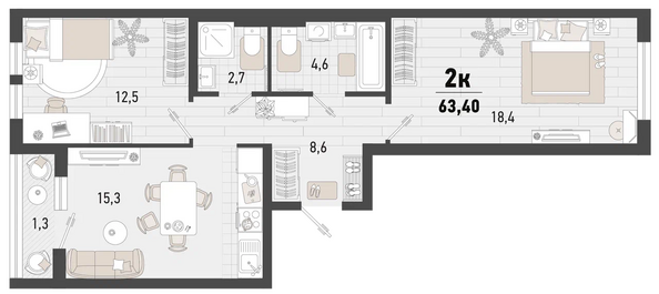 Планировка 2-комн 63,4 м²