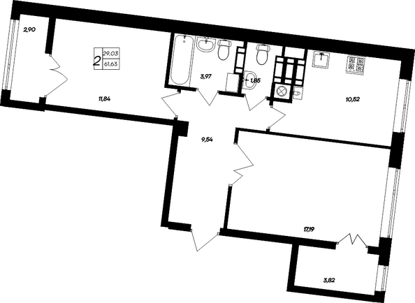 Планировка 2-комн 61,63 м²