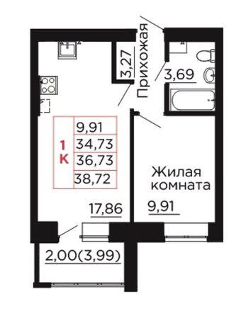 Планировка 1-комн 36,73 м²