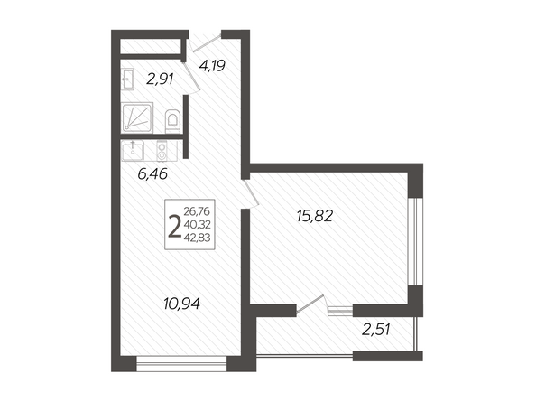 Планировка 2-комн 42,83 м²