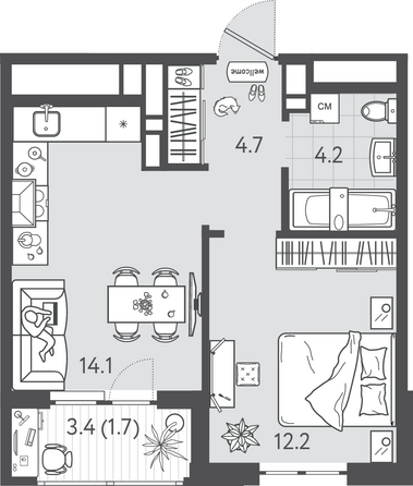 Планировка 1-комн 36,9 м²