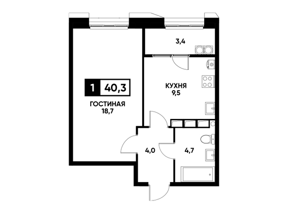 Планировка 1-комн 40,3 м²