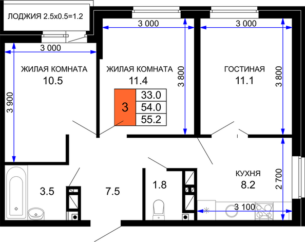 Планировка 3-комн 55,2 м²