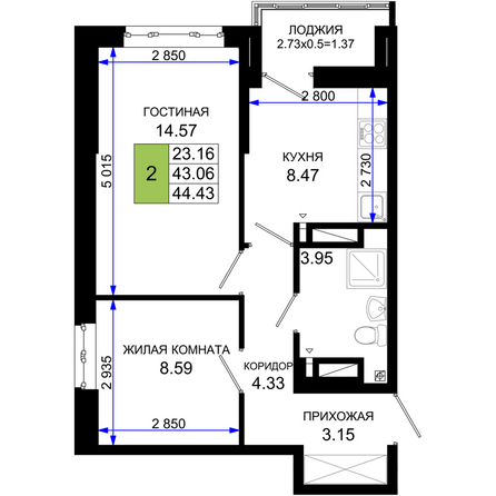 Планировка 2-комн 44,43 м²