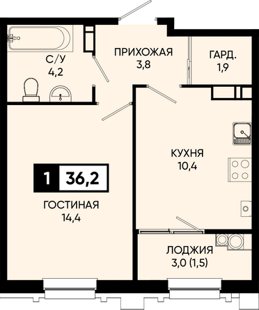 Планировка 1-комн 36,1 - 36,5 м²