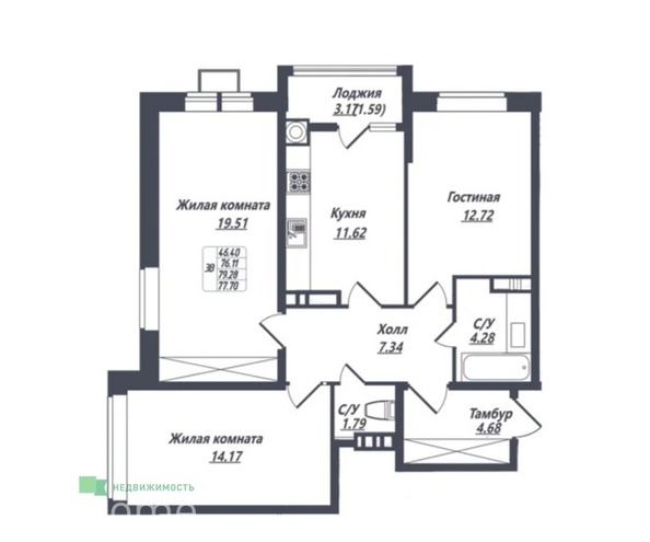 Планировка 3-комн 77,7 м²