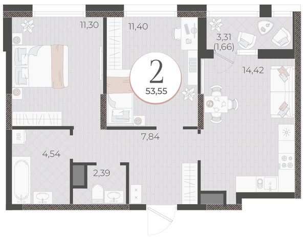 Планировка 2-комн 53,55 м²