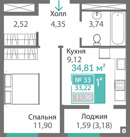 Планировка 1-комн 33,22 - 34 м²