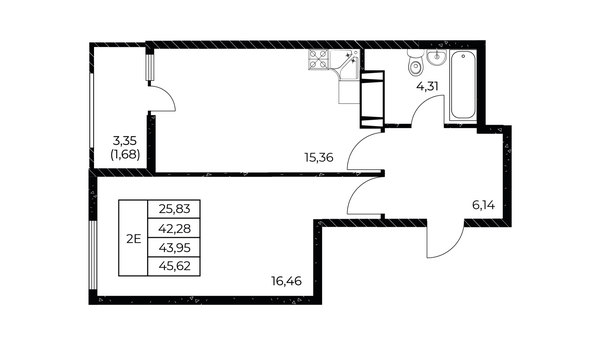 Планировка 1-комн 45,62 м²