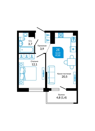 Планировка 1-комн 41,6 м²