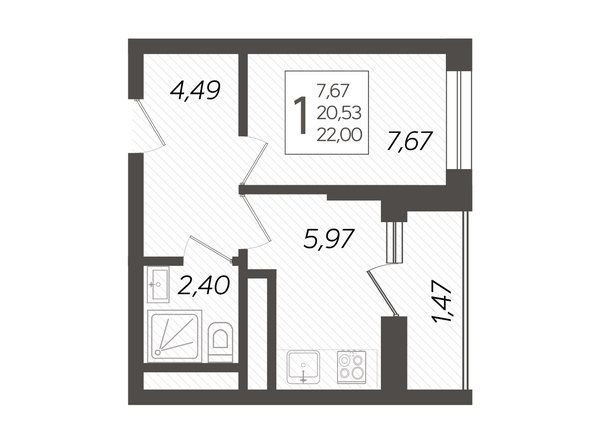 Планировка 1-комн 22 м²