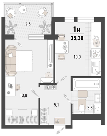 Планировка 1-комн 35, 35,3 м²