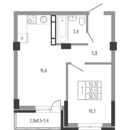 Планировка 1-комн 36,5 м²