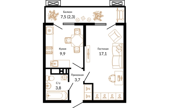 Планировка 1-комн 36,8, 36,9 м²