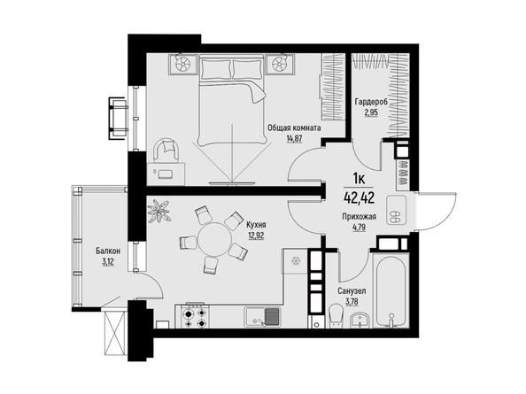 Планировка 1-комн 42,42 м²