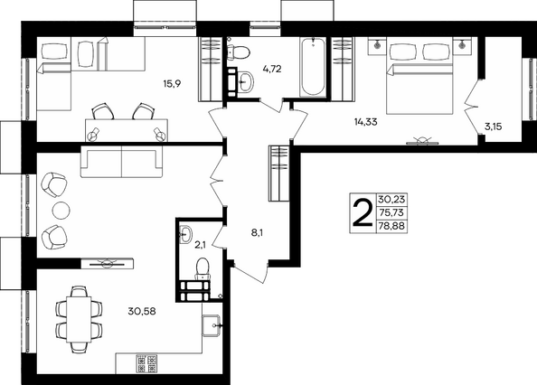 Планировка 2-комн 78,88 м²