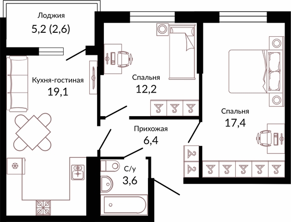 Планировка 2-комн 61,3 м²