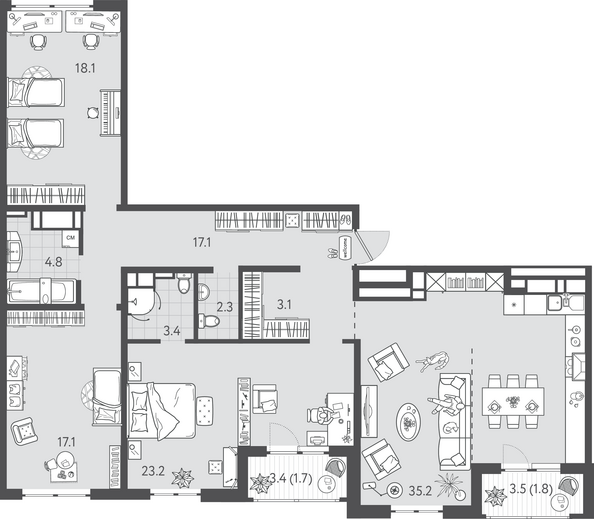 Планировка 3-комн 129,3 м²
