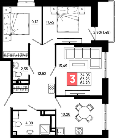 Планировка 3-комн 64,7 м²