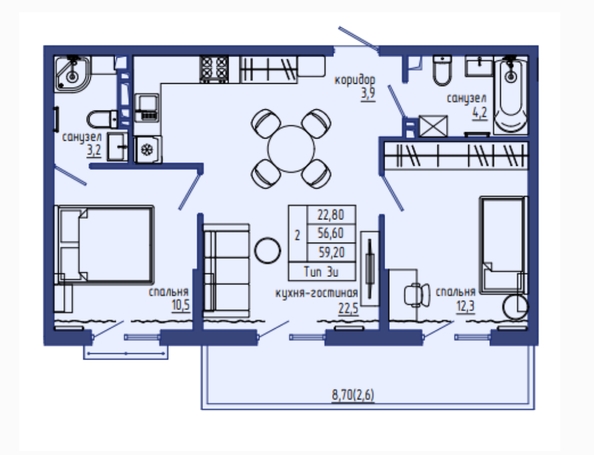 Планировка 2-комн 59,2 м²