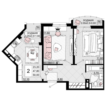Планировка 2-комн 50 м²