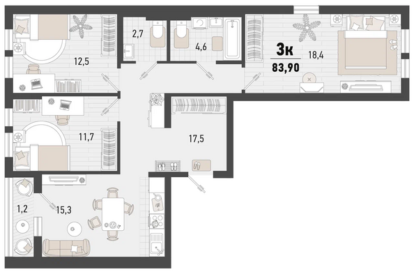 Планировка 3-комн 83,9 м²