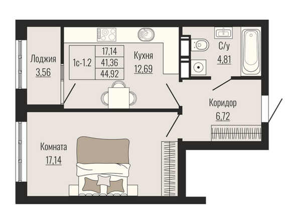 Планировка 1-комн 44,92 м²