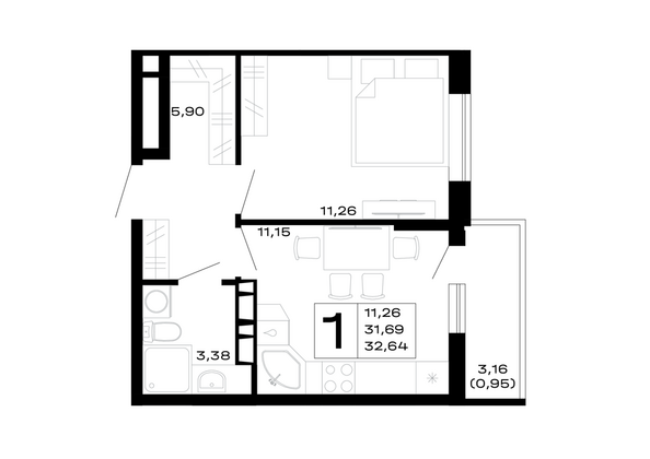 Планировка 1-комн 32,64 м²