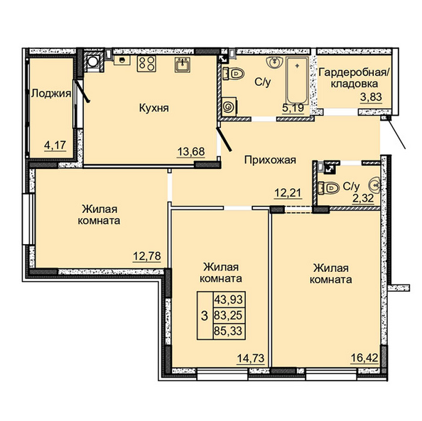 Планировка 3-комн 85,33 м²