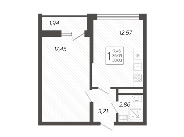 Планировка 1-комн 38,03 м²
