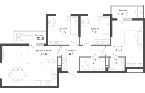 Планировка 3-комн 82,9 м²