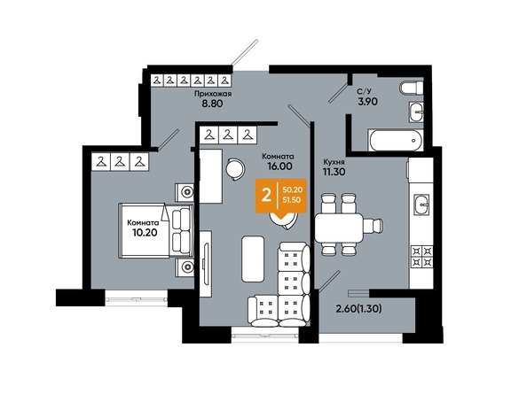 Планировка 2-комн 51,5 м²