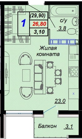 Планировка 1-комн 29,9 м²