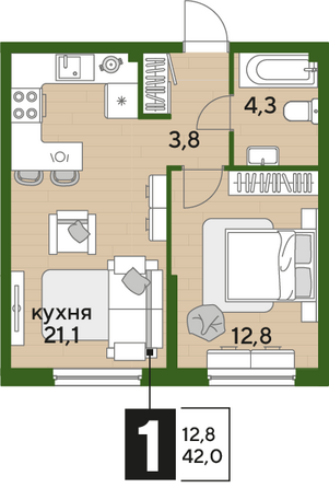 Планировка 1-комн 42 м²