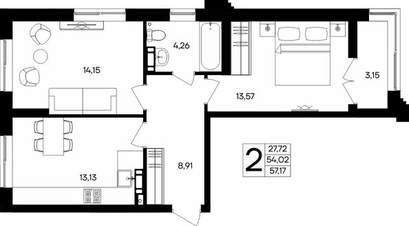 Планировка 2-комн 57,17, 58 м²