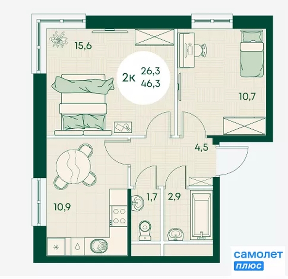 
  Продается 2-комн. квартира 46.3 м², в ЖК Green Apple (Грин эпл), блок 1. Фото 8.