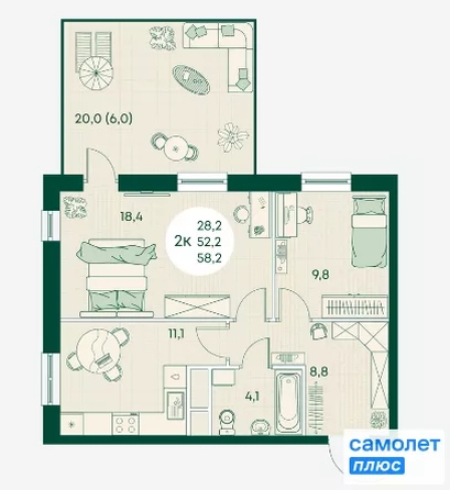 
  Продается 2-комн. квартира 58.2 м², в ЖК Green Apple (Грин эпл), блок 1. Фото 8.