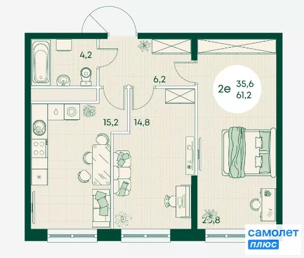 
  Продается 2-комн. квартира 61.2 м², в ЖК Green Apple (Грин эпл), блок 1. Фото 8.