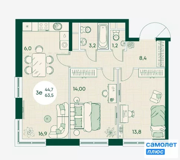 
  Продается 3-комн. квартира 63.5 м², в ЖК Green Apple (Грин эпл), блок 1. Фото 8.