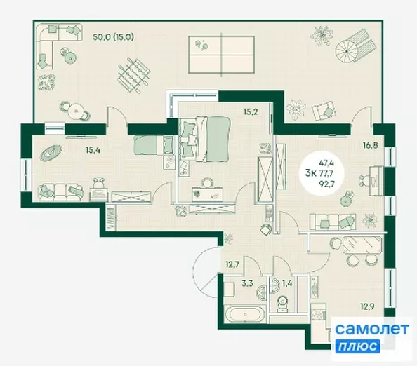 
  Продается 3-комн. квартира 92.7 м², в ЖК Green Apple (Грин эпл), блок 1. Фото 8.