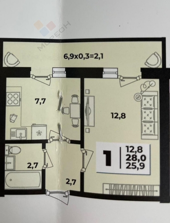 
   Продам 1-комнатную, 25.5 м², Тургеневское шоссе ул, 33/3к12

. Фото 2.