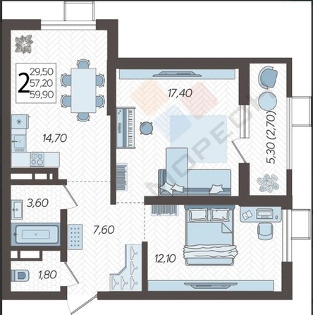 
   Продам 2-комнатную, 55.4 м², Питерская ул, 40

. Фото 7.