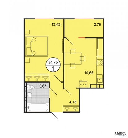 
   Продам 1-комнатную, 34.73 м², Событие, литера А

. Фото 1.