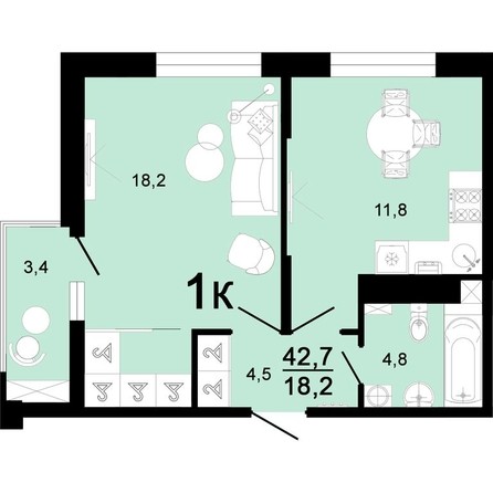 
   Продам 1-комнатную, 42.7 м², Горячий, литера 3

. Фото 1.