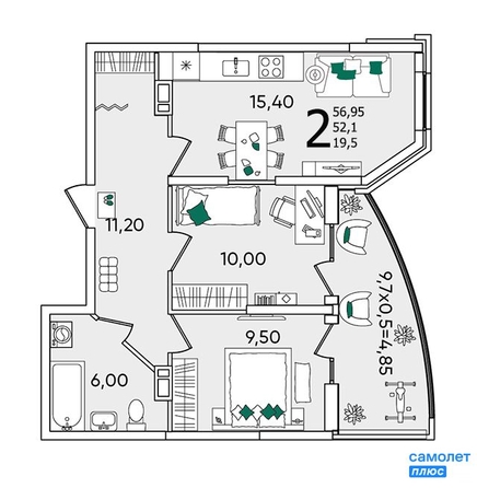 
   Продам 2-комнатную, 56.95 м², Любимово мкр, 16/1

. Фото 2.