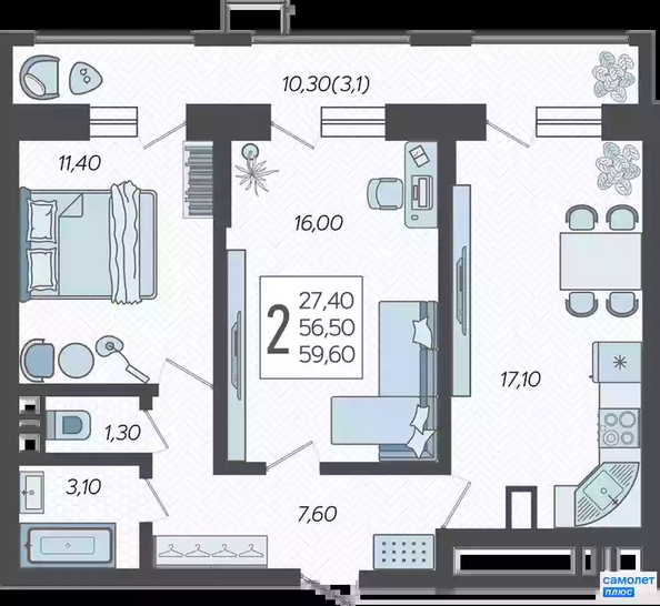 
   Продам 2-комнатную, 59.6 м², Ярославская ул, 115к2

. Фото 4.