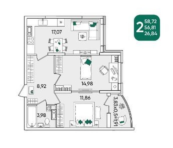 
   Продам 2-комнатную, 56 м², Любимово мкр, 2

. Фото 2.