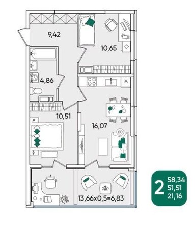 
   Продам 2-комнатную, 58.34 м², Любимово мкр, 2

. Фото 1.