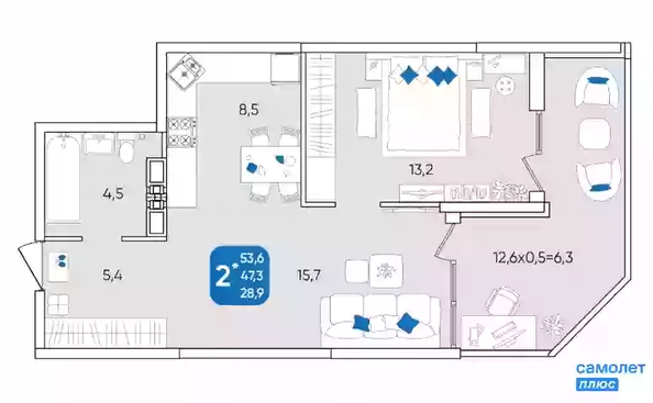 
   Продам 2-комнатную, 53.6 м², Любимово мкр, 18к1

. Фото 2.